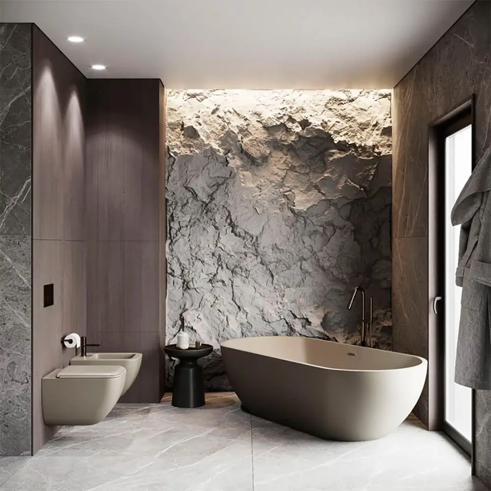 Стены из камня в ванной - фото